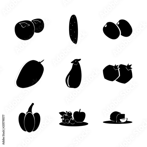 icon Fruits And Vegetables with pea, lemon lime, lemons, vitamin and pomegranate
