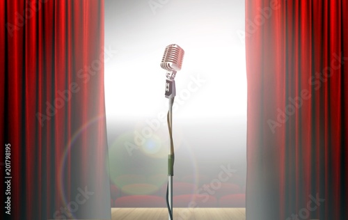 Retro microphone with open curtain on stage