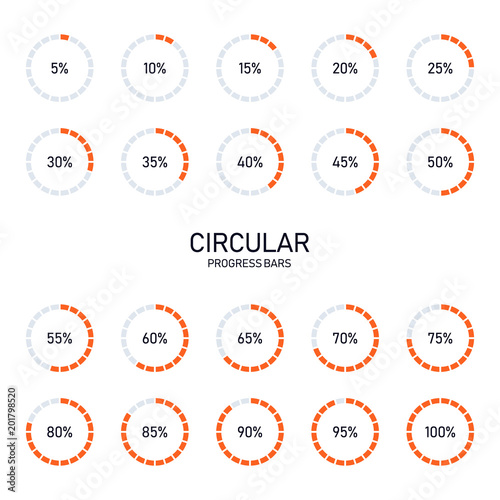 Collection of circular futuristic progress loading bar and buffering percentage