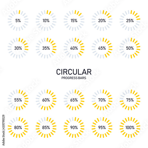 Collection of circular futuristic progress loading bar and buffering percentage