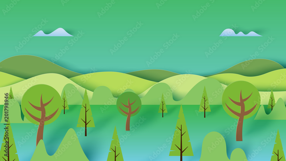 Green nature forest landscape scenery banner background paper art style.Vector illustration.