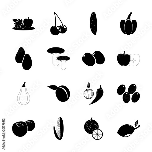 icon Fruits And Vegetables with orange, orange grove, green plum, forest and spicy