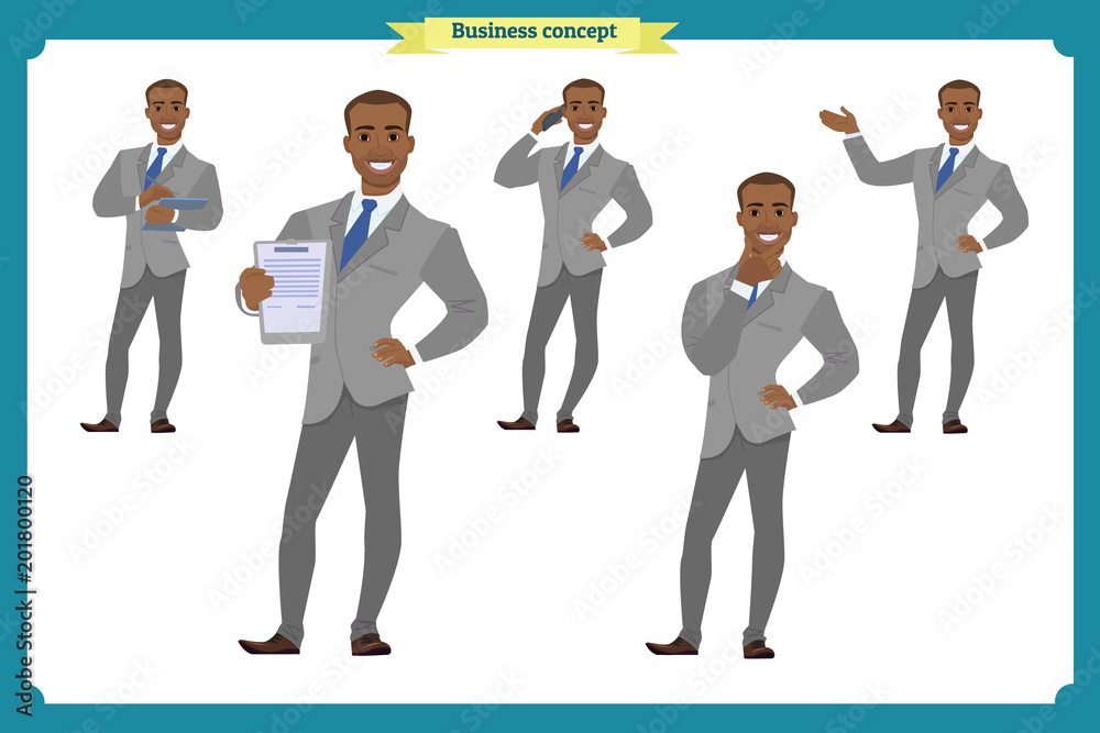 Set of businessman presenting in various action.Happy young black African men in business suit.People character. Standing. Set of businessman presenting in various action.Happy young black African men in business suit.People character. Standing.
