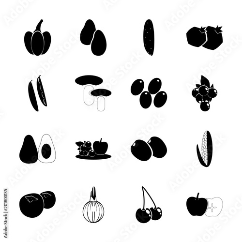 icon Fruits And Vegetables with bean, mushrooms, vintage vine, olive branch and vintage year