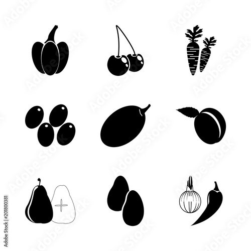 icon Fruits And Vegetables with garlic, salad, vegetable, sweet cherry and chili