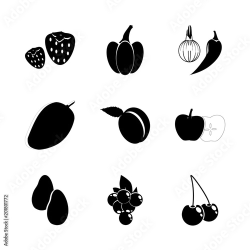 icon Fruits And Vegetables with hot pepper, pepper, mango, red pepper and garlic