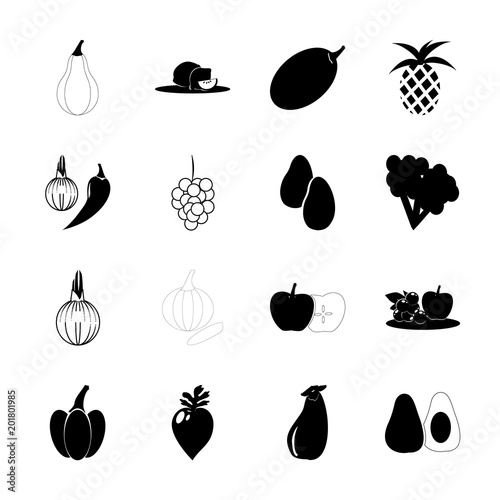 icon Fruits And Vegetables with spic, pineapple, cauliflower, garlic and pumpkin
