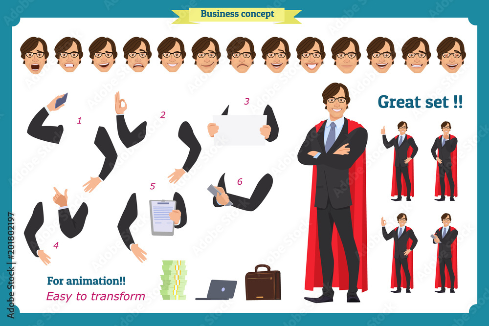 Set of super businessman character poses, gestures,actions, body ...