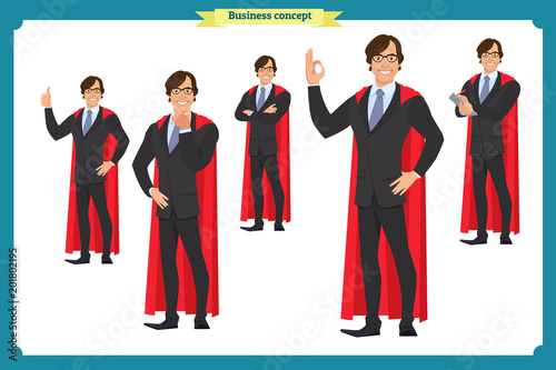 Set of super businessman character poses, gestures,actions, body elements. Isolated on white. Man in suit,cloak standing, Cartoon flat-style illustration. Business people.