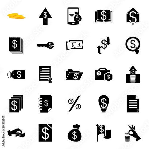 icons about Currency with electron payment, notebook, blank, card and a5