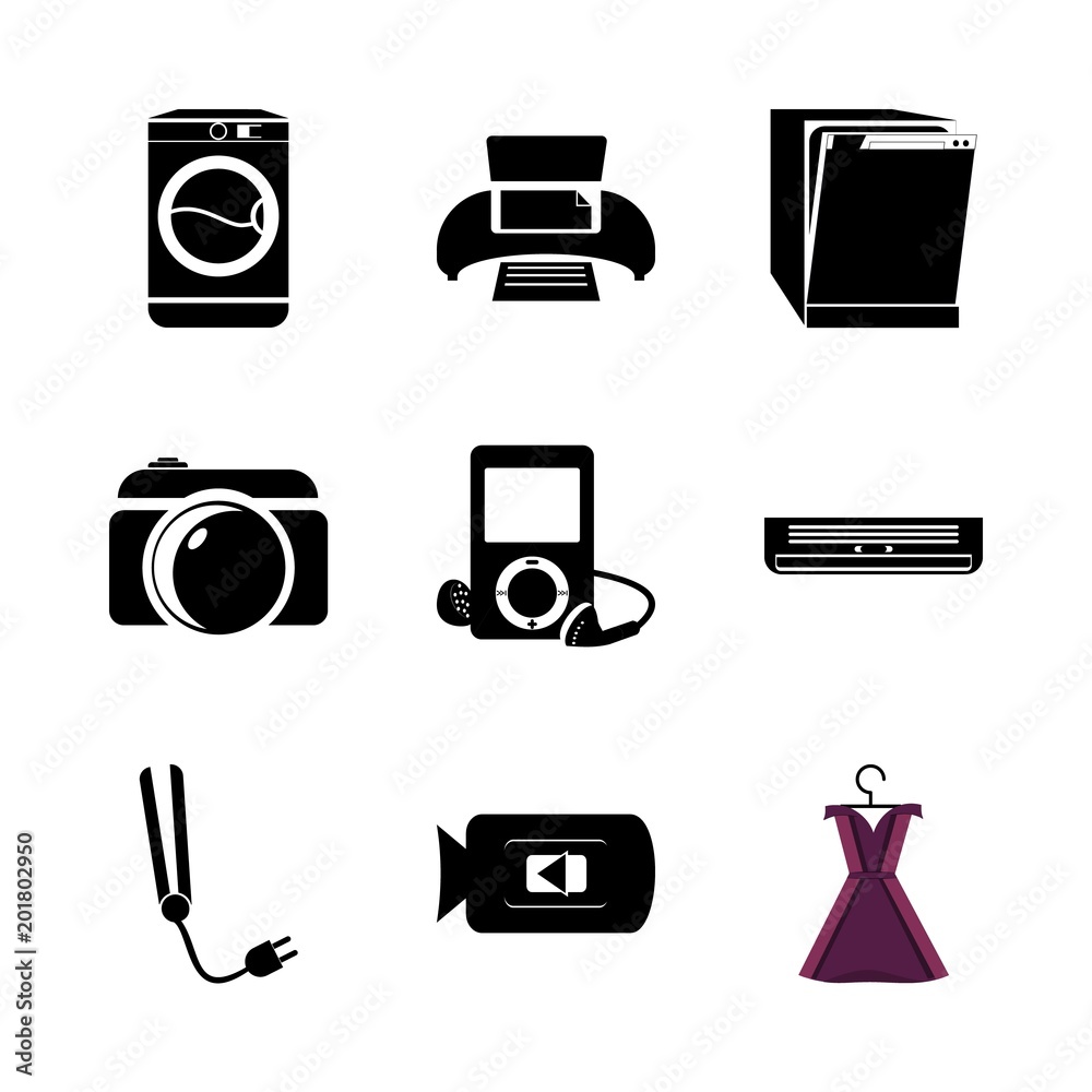 icon Electronic with lens, hair dryer, hair salon, famele and music icon Electronic with lens, hair dryer, hair salon, famele and music