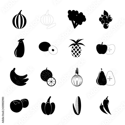 icon Fruits And Vegetables with brocoli, robber crab, pea, apricot and poonac