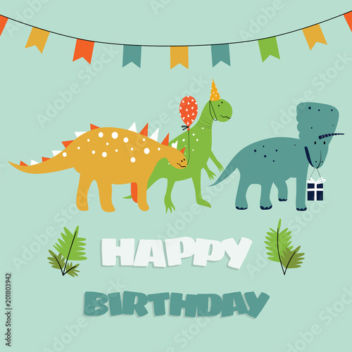 Birthday greeting card with cartoon dinosaurs and party elements.
