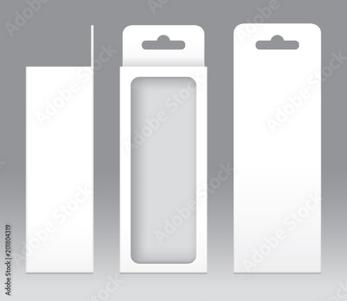 Hanging Box White window shape cut out Packaging Template blank. Empty Box white Template for design product package gift box, White Box packaging paper kraft card board package