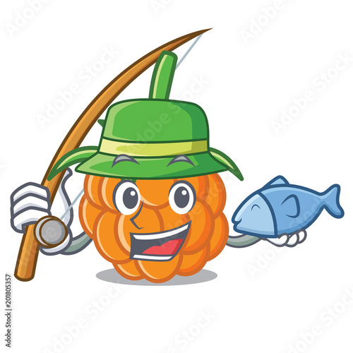 Fishing cloudberry mascot cartoon style