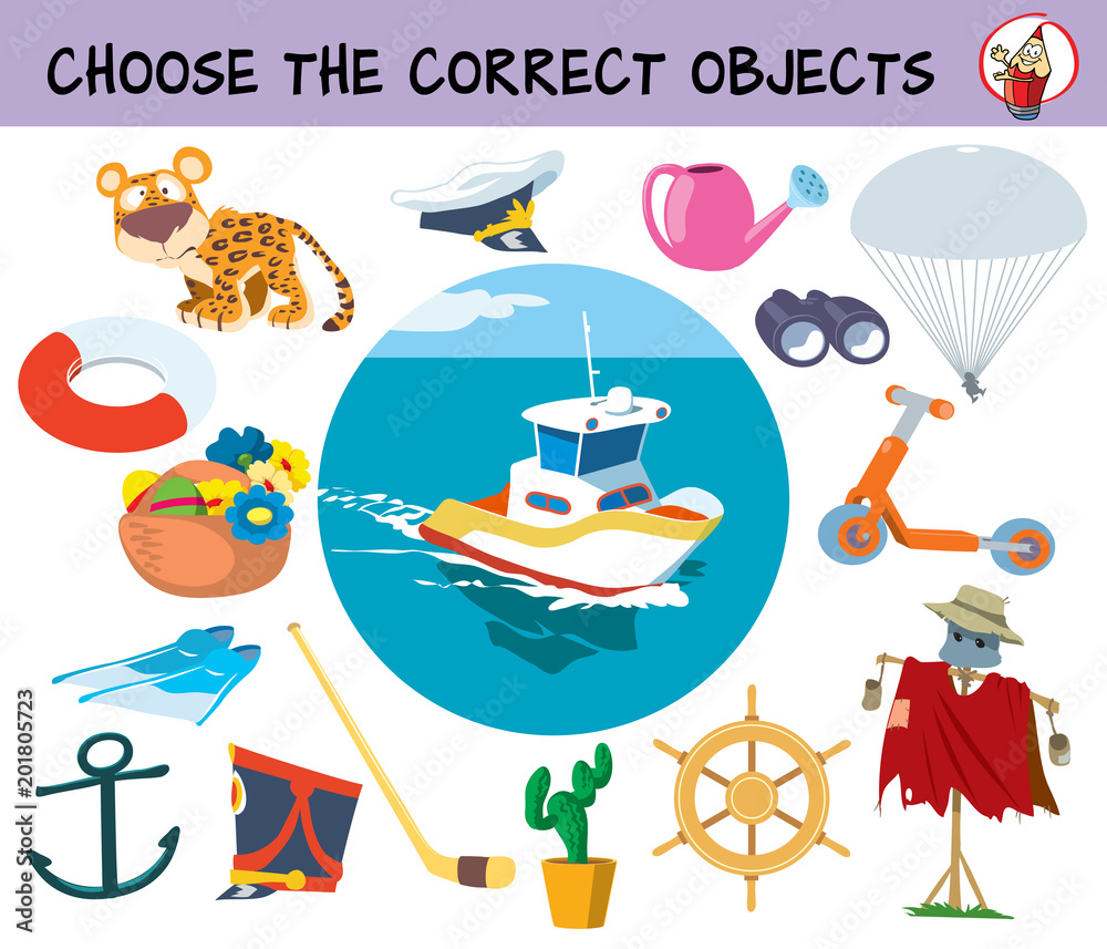 Choose the correct objects for boat ride. Educational matching game for children. Cartoon vector illustration