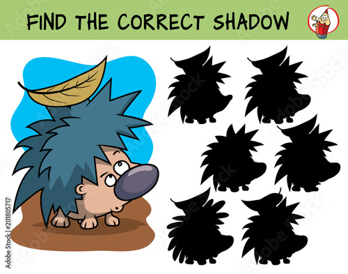 Funny little hedgehog. Find the correct shadow. Educational matching game for children. Cartoon vector illustration