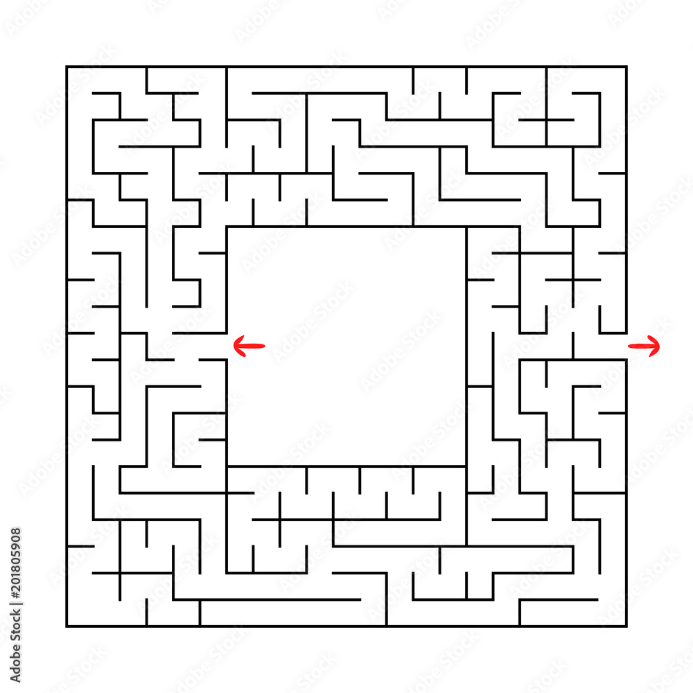 A square labyrinth with an entrance and an exit. Simple flat vector illustration isolated on white background. With a place for your image
