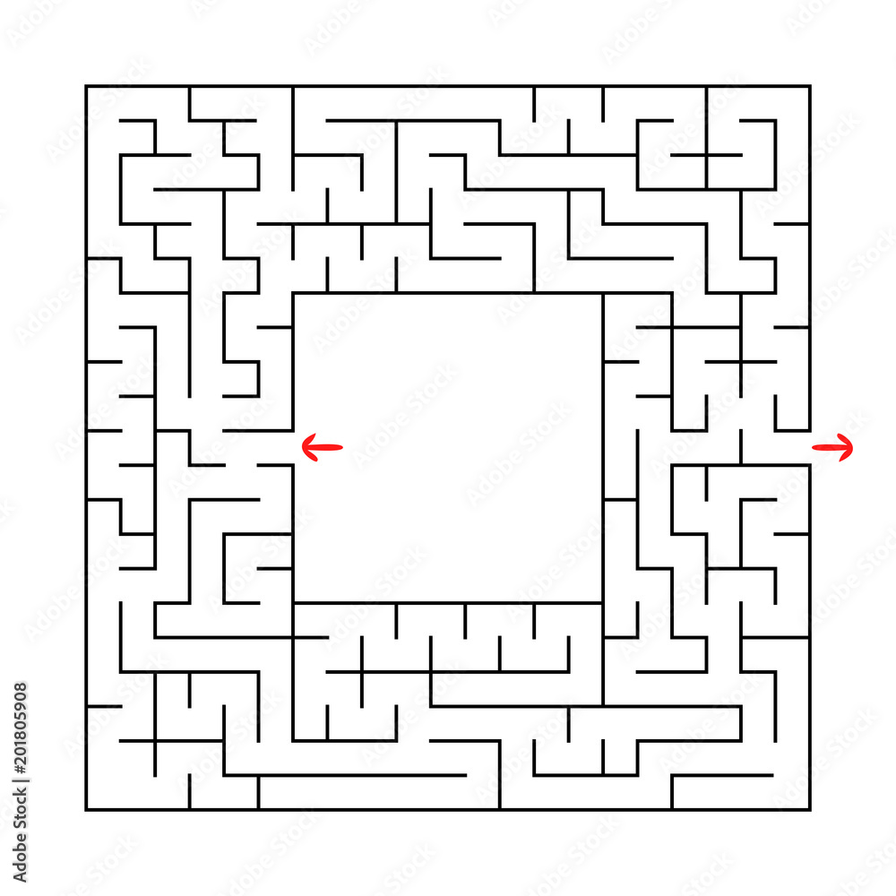 A square labyrinth with an entrance and an exit. Simple flat vector illustration isolated on white background. With a place for your image A square labyrinth with an entrance and an exit. Simple flat vector illustration isolated on white background. With a place for your image