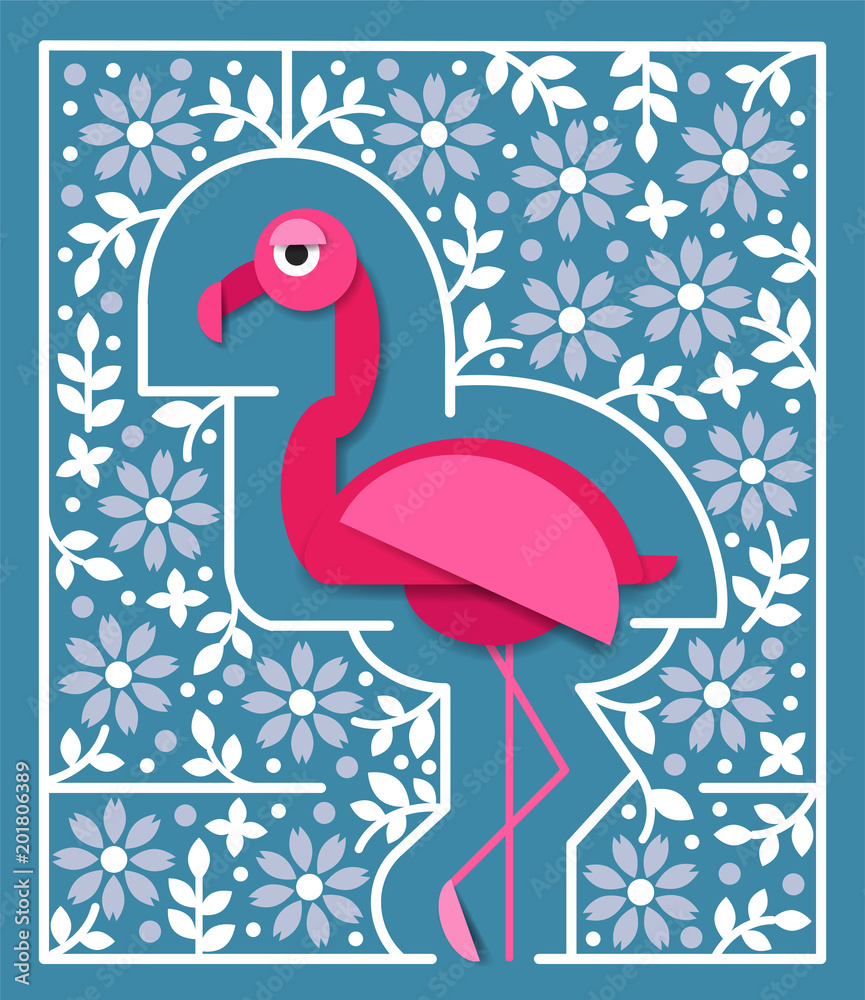 Naklejka premium Tropical bird in paper cut style. Pink flamingo with flowers vector illustration