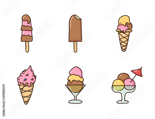 Collection set of icecream summer doodles. Vector hand drawn illustrations. Delicious sweet cold snacks