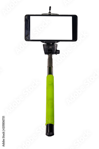 Monopod for selfie with smart phone isolated on white background