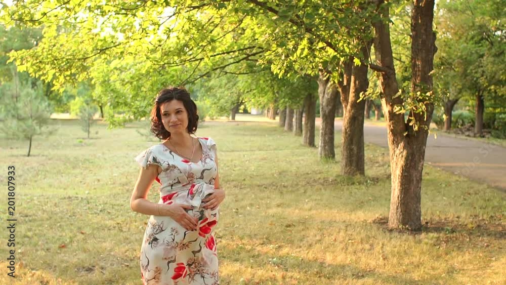 Happy pregnant girl in beautiful cocktail dress walking in the Sunny summer Park at sunset. Pregnant woman gently stroking her tummy in the Park at sunset. Slow motion. Happy pregnant girl in beautiful cocktail dress walking in the Sunny summer Park at sunset. Pregnant woman gently stroking her tummy in the Park at sunset. Slow motion.