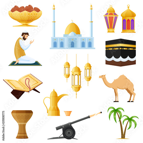 Set traditional Muslim objects in Ramadan Kareem. Traditions, worship, objects.