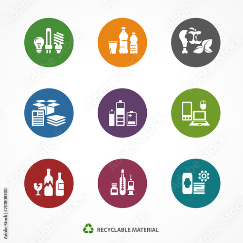 Garbage waste recycling icons, line round symbols of different