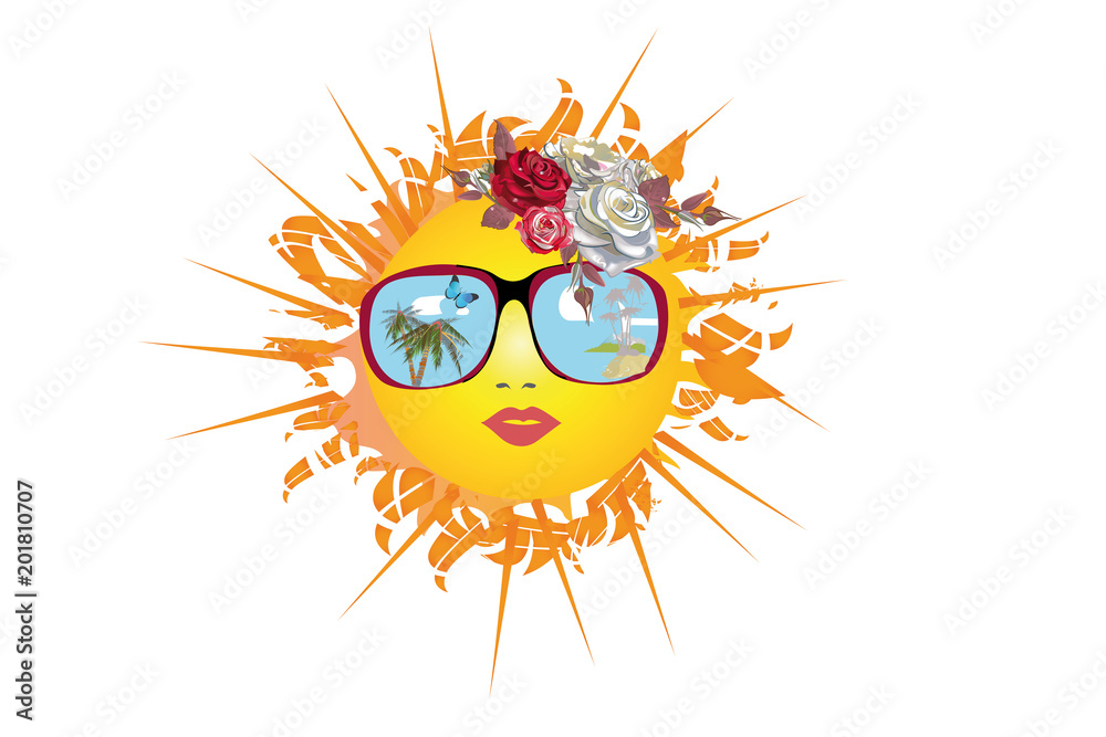 Fototapeta premium Summer Sun Face in sunglasses with palms and flowers. Vector Illustration