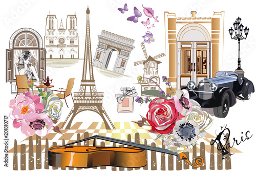 Set of Paris illustrations with fashion girls, cafes and musicians. Vector illustration.