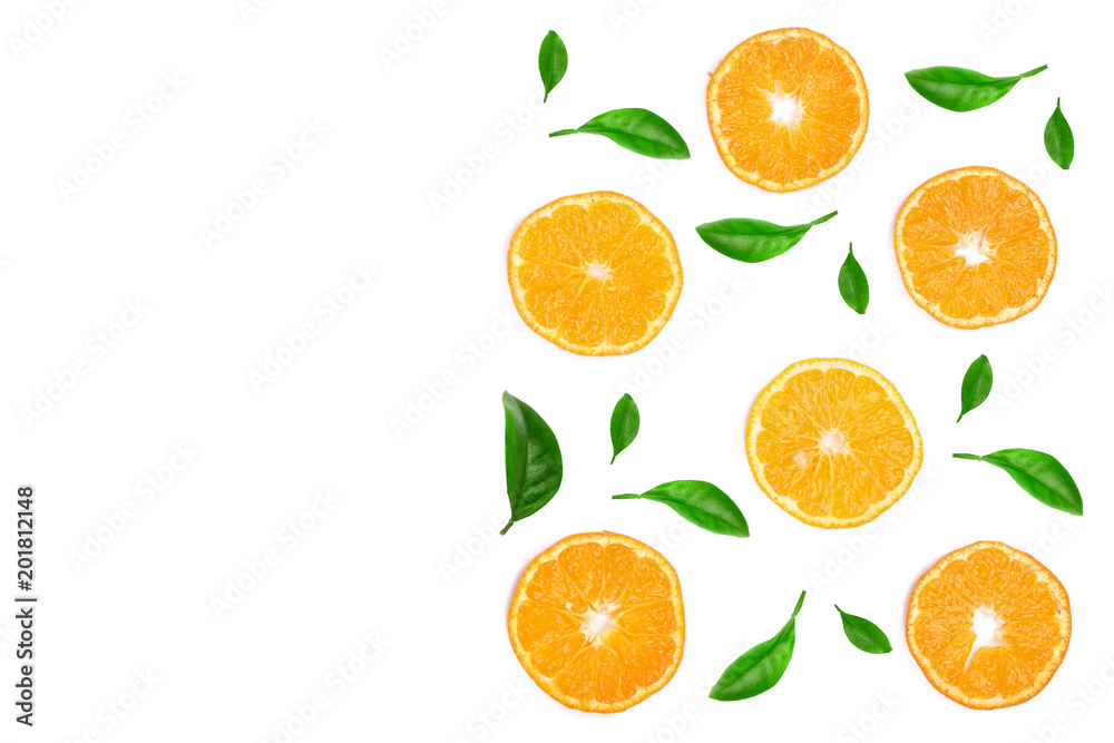 Slices of orange or tangerine with leaves isolated on white background with copy space for your text. Flat lay, top view Slices of orange or tangerine with leaves isolated on white background with copy space for your text. Flat lay, top view