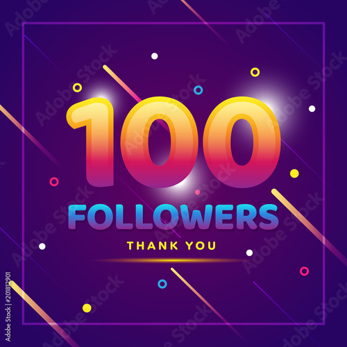 100 followers thank you colorful background and glitters. Illustration for Social Network friends, followers, Web user Thank you celebrate of subscribers or followers and likes