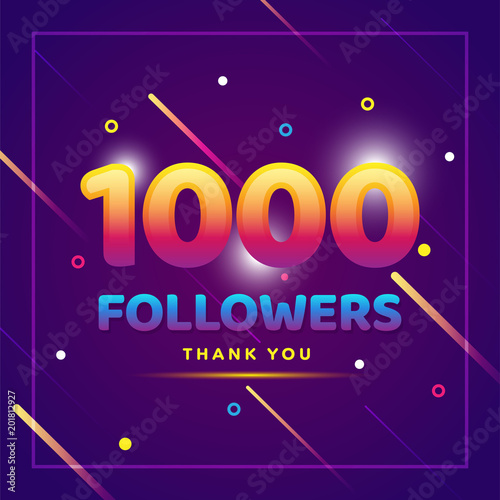 1000 followers thank you colorful background and glitters. Illustration for Social Network friends, followers, Web user Thank you celebrate of subscribers or followers and likes