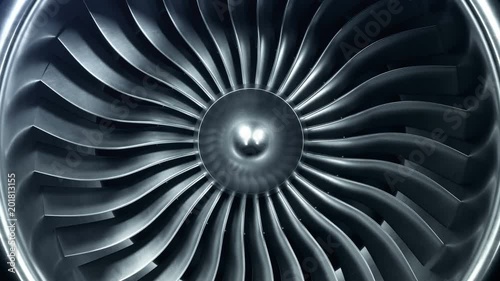 3D Rendering jet engine, close-up view jet engine blades. 4k animation photo