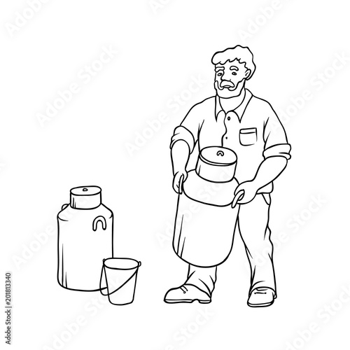 Vector sketch farmer bearded village man in working clothes on ranch with large can of milk in his hands. Capacity and bucket for milk yield black-white isolated illustration.