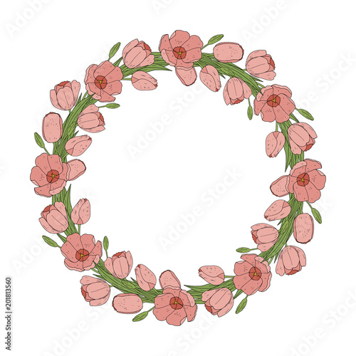 Vector flower wreath. Tulip frame for cards design.