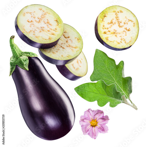 Aubergine or eggplant, aubergine flower, leaves and slices. Clipping path.