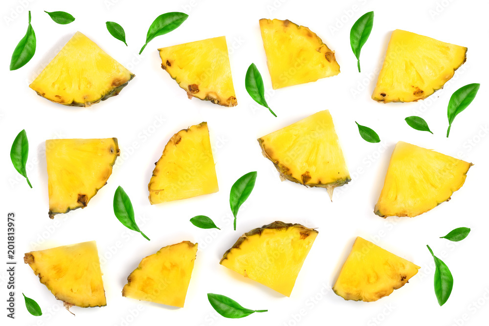 Naklejka premium Sliced pineapple decorated with leaves isolated on white background. Top view. Flat lay pattern