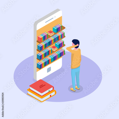 Library mobile online isometric concept. Micro people reading books. Vector illustration.