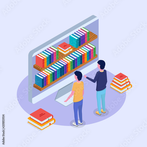 Library mobile online isometric concept. Micro people reading books. Vector illustration.
