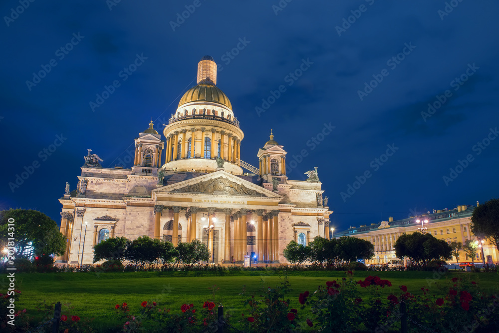 RUSSIA, SAINT PETERSBURG - AUGUST 18, 2017: St. Isaac's Cathedral on Isaac square in St. Petersburg, Russian Federation in a dark summer night