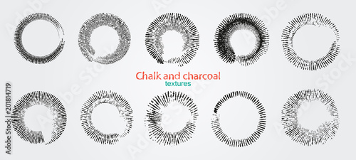 Chalk and charcoal. A set of vector brushstrokes. Paint spots. Grunge texture. Circles in the form of sunlight. Corrugated texture. Hatching. Handmade. Black background.