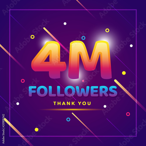 4m or 4000000 thank you colorful background and glitters. Illustration for Social Network friends, followers, Web user Thank you celebrate of subscribers or followers and likes photo