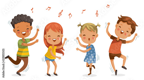 Children dancing. boys and girls dancing together happily.Jumping, shake the hips, move the body, cute cartoon Enjoy the rhythm. Have fun in childhood.Vector illustrations Isolated on white background
