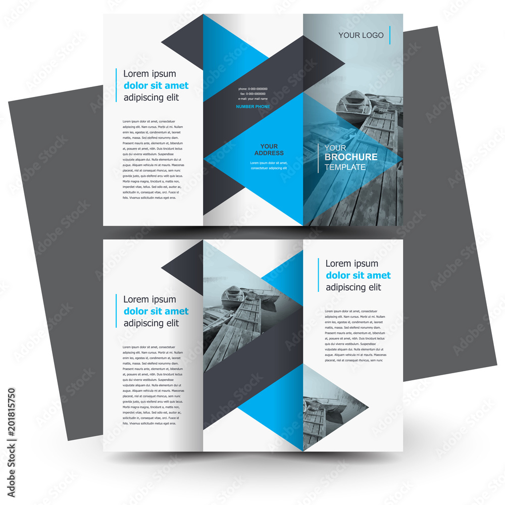 Brochure design template, creative tri-fold, triangles blue color