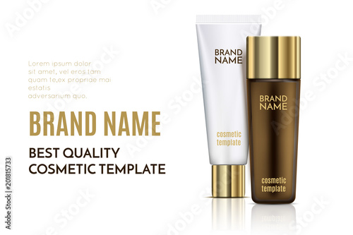 A beautiful cosmetic templates for ads, Skin care products, golden bottle and white tube for hair oil or moisturizing cream isolated on white background