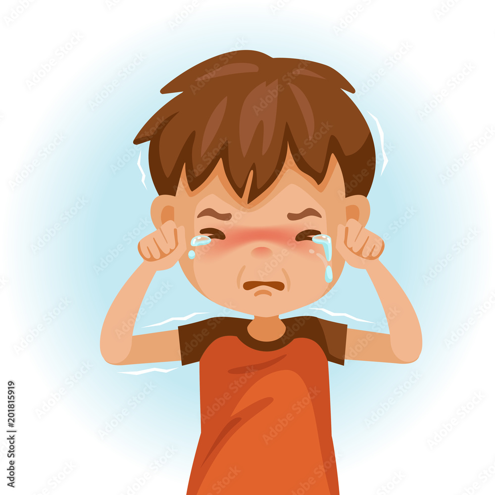 Crying child Angry child. The boy in a red shirt is expressing anger.  Excitement and frown. Cartoon characters, vector illustrations, isolated  Stock Vector | Adobe Stock