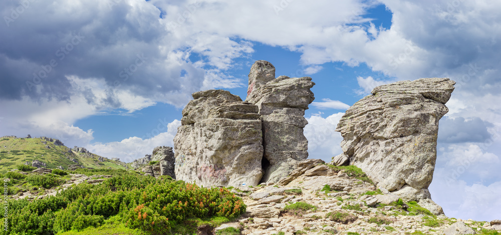 Rocky outcrops on crest of the mountain range in Carpathians