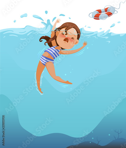 Drowning Cute little girl in swimsuit is cramping. Children are drowning the deep sea.Efforts above water. Shock and panic. Ask for help. Rubber tires are thrown to save lives,Water Sports and Rescue